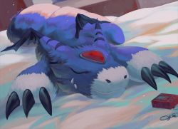 Rule 34 | claws, commentary request, digimon, digimon (creature), digital media player, dorumon, dutch angle, closed eyes, facing viewer, fangs, fangs out, forehead jewel, kira (kira dra), lying, no humans, on bed, on stomach, sleeping, solo, twitter username