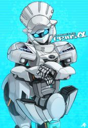 Rule 34 | blue background, character name, chousoku henkei gyrozetter, glowing, glowing eyes, head tilt, highres, leaning forward, mecha, no humans, prius alpha, rati (absoluteblue), robot, science fiction, solo, toyota