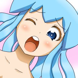 Rule 34 | 1girl, bad id, bad pixiv id, blue eyes, blue hair, blush, collarbone, d:, ikamusume, k.u.n.e., looking at viewer, matching hair/eyes, nude, one eye closed, open mouth, out-of-frame censoring, shinryaku! ikamusume, solo, tentacle hair, upper body, wince