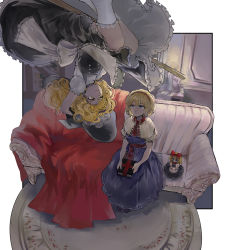 Rule 34 | 2girls, absurdres, alice margatroid, black skirt, black vest, blanket, blonde hair, blue dress, blue eyes, book, book on lap, broom, broom riding, candle, capelet, commentary, couch, dress, expressionless, floating, from above, grimoire of alice, hair between eyes, hairband, hand on headwear, hat, highres, holding, holding book, indoors, kirisame marisa, kneehighs, lolita hairband, long hair, looking at another, looking up, multiple girls, on couch, petticoat, puffy short sleeves, puffy sleeves, red neckwear, red ribbon, ribbon, rug, sash, shanghai doll, shirt, short hair, short sleeves, sitting, skirt, smile, socks, tanmei (syoganaina), touhou, upside-down, very long hair, vest, white capelet, white legwear, white shirt, witch hat, yellow eyes