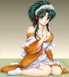 Rule 34 | 1girl, brown background, green hair, jochuu-san, lowres, maid, oekaki, original, simple background, solo, wa maid, yagisaka seto