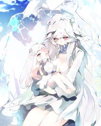 Rule 34 | 10s, 2girls, abyssal ship, atsumi jun, breasts, cleavage, colored skin, dress, gradient background, horns, kantai collection, long hair, midway princess, multiple girls, northern ocean princess, pale skin, red eyes, white dress, white hair, white skin