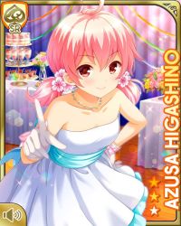 Rule 34 | 1girl, bare shoulders, card (medium), character name, closed mouth, dress, evening gown, girlfriend (kari), hand on own hip, higashino azusa, jewelry, necklace, night, official art, outdoors, pink eyes, pink hair, pointing, pointing at viewer, qp:flapper, smile, solo, table, tagme, thinking, twintails, white dress, wooden floor