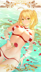 Rule 34 | 1girl, ahoge, bead bracelet, beads, bikini, blonde hair, bracelet, breasts, cangkong, closed mouth, earrings, fate/grand order, fate (series), flower, green eyes, hair intakes, halterneck, highres, jewelry, large breasts, light smile, long hair, looking at viewer, navel, nero claudius (fate), nero claudius (fate) (all), nero claudius (swimsuit caster) (fate), partially submerged, petals, red flower, red rose, rose, side-tie bikini bottom, smile, solo, striped bikini, striped clothes, swimsuit, twintails, watermark, web address, wet, wet hair