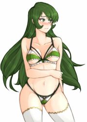 Rule 34 | 1girl, absurdres, alternate costume, arm under breasts, bare shoulders, blush, bra, breasts, cleavage, cowboy shot, erinys (fire emblem), fire emblem, fire emblem: genealogy of the holy war, frilled bra, frills, gluteal fold, green eyes, green hair, highleg, highleg panties, highres, long hair, looking to the side, medium breasts, navel, nintendo, panties, simple background, solo, thighhighs, thighs, tridisart, underboob, underwear