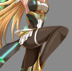 Rule 34 | 1girl, black pantyhose, blonde hair, breasts, dress, earrings, elbow gloves, gloves, jewelry, large breasts, legs, long hair, lower body, mythra (massive melee) (xenoblade), mythra (xenoblade), nintendo, pantyhose, samu poteto, solo, super smash bros., swept bangs, thigh strap, thighs, very long hair, xenoblade chronicles (series), xenoblade chronicles 2