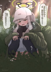 Rule 34 | 1girl, black scarf, black thighhighs, blue archive, blush, breath, bush, clothes pull, earosoligt, embarrassed, forest, green eyes, green jacket, grey hair, halo, hare (blue archive), hare (camp) (blue archive), hat, jacket, long hair, long sleeves, nature, official alternate costume, open clothes, open jacket, open mouth, outdoors, pantyhose, pantyhose under shorts, peeing, ponytail, scarf, shorts, shorts pull, solo, squatting, thighhighs, thought bubble, translated, tree, white hat