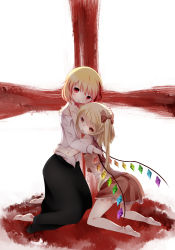 Rule 34 | 2girls, :p, bad id, bad pixiv id, barefoot, bite mark, blonde hair, blood, blood in mouth, blood on face, blush, bow, cross, dress, embodiment of scarlet devil, fang, female focus, flandre scarlet, hair bow, hair in own mouth, hair ribbon, hand on another&#039;s head, head tilt, headpat, highres, hug, kneeling, long sleeves, looking at viewer, multiple girls, no headwear, open clothes, red eyes, ribbon, rumia, shirt, short hair, side ponytail, skirt, smile, tepes, tongue, tongue out, touhou, unbuttoned, vampire, white legwear, white shirt, wings