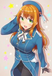 Rule 34 | 1girl, arm behind head, atago (kancolle), beret, black gloves, black skirt, blonde hair, blue hat, blue jacket, blush, breasts, gloves, gradient background, green eyes, hat, jacket, kantai collection, large breasts, long hair, long sleeves, looking at viewer, military, military uniform, neri sachiko, open mouth, pantyhose, ryokucha michi, shadow, skirt, smile, solo, star (symbol), starry background, tailcoat, uniform, white neckwear