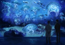 Rule 34 | 2boys, aquarium, arms behind back, artist name, blue theme, commentary, copyright request, english commentary, fish, highres, indoors, jellyfish, multiple boys, sol (http wanning), standing