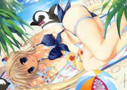 Rule 34 | 1girl, absurdres, ball, beach, beachball, bikini, bird, blonde hair, blue eyes, bracelet, breasts, checkered bikini, checkered clothes, chocolate, cleavage, day, female focus, front-tie top, fujima takuya, hair bobbles, hair ornament, highres, huge filesize, jewelry, lying, on side, open mouth, outdoors, penguin, polka dot, polka dot bikini, polka dot swimsuit, sandals, smile, solo, swimsuit, thigh strap, twintails, water