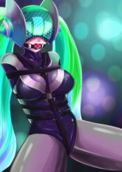 Rule 34 | 1girl, alternate costume, arms behind back, ball gag, bdsm, bondage, bound, breasts, dj sona, gag, gagged, green hair, harness, jitan777, large breasts, league of legends, long hair, saliva, solo, sona (league of legends), twintails, wiffle gag