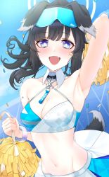 Rule 34 | 1girl, :d, animal ears, arm up, armpits, bare shoulders, black hair, blue archive, blue eyes, blue sky, blush, breasts, cheerleader, cleavage, crop top, dog ears, dog girl, dog tail, eyewear on head, goggles, goggles on head, halo, hibiki (blue archive), hibiki (cheer squad) (blue archive), highres, holding, jewelry, long hair, looking at viewer, medium breasts, midriff, millennium cheerleader outfit (blue archive), mintz912, navel, open mouth, outdoors, pleated skirt, pom pom (cheerleading), skirt, sky, smile, solo, stomach, sunglasses, tail, white skirt