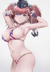 Rule 34 | 1girl, alternate costume, american flag bikini, anchor hair ornament, armpits, atlanta (kancolle), bare arms, bare shoulders, bikini, black hat, blush, breasts, brown hair, commentary request, covered erect nipples, cowboy shot, earrings, flag print, garrison cap, gloves, grey eyes, hair ornament, hat, highres, interstellar, jewelry, kantai collection, large breasts, long hair, looking at viewer, micro bikini, multicolored clothes, multicolored gloves, navel, open mouth, partially fingerless gloves, pointing, pointing at viewer, pointing up, sideboob, simple background, single earring, skindentation, solo, star (symbol), star earrings, stomach, string bikini, swimsuit, two side up, white background