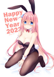 Rule 34 | 1girl, 2023, akeome, animal ears, black leotard, black pantyhose, blue eyes, bocchi the rock!, bow, bowtie, breasts, chinese zodiac, cleavage, cube hair ornament, detached collar, fake animal ears, fake tail, female focus, full body, gotoh hitori, hair between eyes, hair ornament, hair over eyes, happy new year, highres, large breasts, leotard, long hair, naan (naan 1206), new year, one side up, pantyhose, pink hair, playboy bunny, rabbit ears, rabbit tail, red bow, red bowtie, simple background, solo, strapless, strapless leotard, tail, white background, wrist cuffs, year of the rabbit