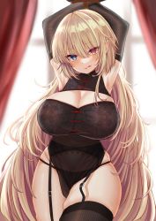 Rule 34 | armpits, arms up, black panties, black thighhighs, blonde hair, blue eyes, blush, bound, bound wrists, breasts, china dress, chinese clothes, cleavage, cleavage cutout, clothing cutout, cross pasties, curtains, dress, elbow gloves, garter belt, gloves, heterochromia, large breasts, licking lips, long hair, oppai loli, original, panties, pasties, pointy ears, red eyes, restrained, see-through, senri tsukuyomi, skindentation, thick thighs, thighhighs, thighs, tongue, tongue out, underwear, very long hair, window