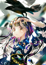 Rule 34 | 1girl, animal, animal on hand, bad id, bad pixiv id, bird, bird on hand, black feathers, black hair, black kimono, brown eyes, commentary, crow, feathers, highres, japanese clothes, kimono, long hair, long sleeves, looking at viewer, mao ge, multicolored hair, obi, original, parted lips, pink hair, print kimono, purple hair, romaji commentary, sash, solo, upper body, very long hair, wide sleeves