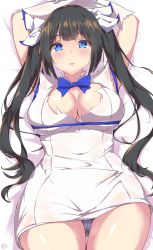 Rule 34 | 1girl, absurdres, artist name, bad id, bad pixiv id, black hair, blue bow, blue bowtie, blue eyes, blue ribbon, bow, bowtie, breasts, cleavage, commentary request, dress, dungeon ni deai wo motomeru no wa machigatteiru darou ka, hair ribbon, hestia (danmachi), highres, large breasts, long hair, looking at viewer, lying, mushpz, on back, pencil dress, rei no himo, ribbon, solo, thighs, twintails, white ribbon