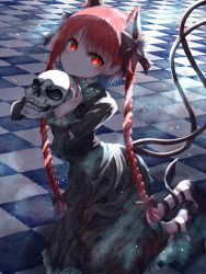 Rule 34 | 1girl, animal ears, black bow, black footwear, black legwear, black tail, bow, braid, cat ears, cat tail, checkered floor, closed mouth, dress, extra ears, green dress, hair bow, highres, holding, holding skull, kaenbyou rin, kayon (touzoku), kneeling, light particles, light rays, long sleeves, looking at viewer, multiple tails, red eyes, red hair, shadow, short hair, skull, smile, solo, tail, touhou, twin braids, two tails, v-shaped eyebrows