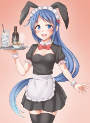 Rule 34 | 1girl, alcohol, alternate costume, animal ears, anti (untea9), apron, black dress, black thighhighs, blue eyes, blue hair, blush, bottle, breasts, cup, detached collar, dress, drinking glass, fake animal ears, food, frilled apron, frills, gradient background, gradient hair, highres, holding, holding tray, kantai collection, long hair, looking at viewer, multicolored hair, open mouth, pink background, puffy short sleeves, puffy sleeves, rabbit ears, samidare (kancolle), short sleeves, small breasts, smile, solo, thighhighs, tray, very long hair, waist apron, waitress