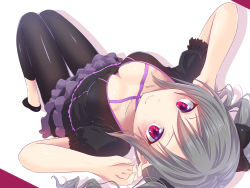 Rule 34 | 1girl, absurdres, black dress, black pantyhose, breasts, cleavage, collarbone, downblouse, dress, drill hair, frilled dress, frills, gothic lolita, gradient eyes, green hair, highres, idolmaster, idolmaster cinderella girls, kanzaki ranko, koumei (twinameless), lolita fashion, long hair, looking at viewer, looking back, lying, medium breasts, multicolored eyes, on back, pantyhose, puffy short sleeves, puffy sleeves, purple eyes, red eyes, shadow, short sleeves, smile, socks, solo, twin drills, twintails, upside-down