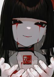 Rule 34 | 1girl, absurdres, albino (a1b1n0623), black eyes, black hair, black kimono, blood, blood on face, blood on hands, bloody tears, blunt bangs, choker, close-up, comiket 102, fate/grand order, fate (series), highres, hime cut, japanese clothes, kimono, komahime (fate), long hair, looking at viewer, pale skin, smile, solo