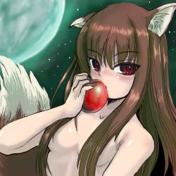 Rule 34 | 00s, 1girl, animal ears, apple, blush, breasts, brown hair, censored, convenient censoring, food, fruit, hair censor, hair over breasts, holding, holding food, holding fruit, holo, long hair, looking at viewer, moon, night, nude, red eyes, sky, small breasts, solo, spice and wolf, star (symbol), tail, wolf ears, wolf tail