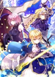 Rule 34 | 3girls, ahoge, arm up, armor, armored dress, armpit peek, artoria pendragon (all), artoria pendragon (fate), banner, black armor, black gloves, blonde hair, blue dress, blue eyes, blue ribbon, blue sky, braid, breastplate, breasts, capelet, chain, closed mouth, cloud, cloudy sky, commentary request, day, dress, elbow gloves, excalibur (fate/stay night), fate/apocrypha, fate/grand order, fate/stay night, fate (series), faulds, gauntlets, gloves, glowing, glowing petals, glowing sword, glowing weapon, green eyes, hachini, hair between eyes, hair ribbon, headpiece, holding, holding shield, holding sword, holding weapon, jeanne d&#039;arc (fate), jeanne d&#039;arc (ruler) (fate), juliet sleeves, long hair, long sleeves, looking at viewer, mash kyrielight, medium breasts, multiple girls, parted lips, petals, pink eyes, pink hair, plackart, puffy sleeves, purple capelet, purple dress, purple gloves, ribbon, saber (fate), sheath, sheathed, shield, short hair, signature, single braid, sky, smile, sword, weapon, wind