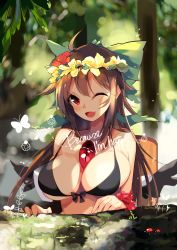 Rule 34 | 1girl, ;d, ahoge, bare shoulders, bikini, black bikini, black wings, blurry, blurry background, blush, bow, breasts, brown hair, bug, butterfly, commentary request, english text, fang, feathered wings, flower, front-tie bikini top, front-tie top, green bow, hair bow, hair flower, hair ornament, head wreath, highres, insect, large breasts, leaf, long hair, looking at viewer, one eye closed, open mouth, red eyes, red flower, reiuji utsuho, sidelocks, smile, solo, swimsuit, tetsurou (fe+), touhou, upper body, wings, yellow flower
