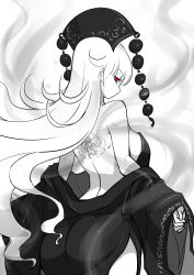 Rule 34 | 1girl, ass, back, back focus, bare back, bare shoulders, breasts, chinese clothes, crescent, energy, greyscale, hat, highres, junko (touhou), large breasts, long hair, long sleeves, looking at viewer, monochrome, pointy ears, raptor7, red eyes, sideboob, solo, spot color, tassel, tattoo, touhou, undressing, very long hair, wide sleeves