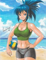 Rule 34 | 1girl, 2021, artist name, ball, bare arms, bare shoulders, beach, black shorts, blue eyes, blue hair, bra, breasts, cleavage, closed mouth, cowboy shot, earrings, female focus, green bra, hand on own hip, high ponytail, highres, jewelry, large breasts, leona heidern, midriff, navel, ocean, outdoors, ravernclouk design, sand, shorts, sidelocks, sky, snk, solo, sports bra, sportswear, standing, the king of fighters, traditional media, triangle earrings, underwear, volleyball, volleyball (object)