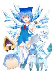 Rule 34 | 1girl, :d, absurdres, blue bow, blue dress, blue eyes, blue hair, bow, cirno, creatures (company), crossover, dress, full body, game freak, gen 3 pokemon, gen 4 pokemon, gen 5 pokemon, glaceon, hair bow, highres, holding, holding poke ball, kneehighs, looking at viewer, neck ribbon, nintendo, open mouth, poke ball, pokemon, pokemon (creature), quick ball, red ribbon, ribbon, sakizaki saki-p, short dress, short hair, short sleeves, simple background, smile, snorunt, socks, spheal, standing, touhou, vanillite, white background, white socks