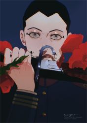 Rule 34 | 1boy, artist name, bayonet, black eyes, black hair, blue jacket, buttons, buzz cut, collar, collared jacket, commentary, golden kamuy, holding, holding knife, holding weapon, imperial japanese army, instagram username, jacket, knife, long sleeves, looking at viewer, male focus, military, military uniform, mole, naruysae, parted lips, short hair, signature, simple background, solo, tumblr username, twitter username, uniform, upper body, usami tokishige, very short hair, weapon