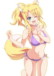 Rule 34 | 1girl, animal ears, azumaya hironaru, bikini, blonde hair, blush, breasts, cleavage, collarbone, commentary, commentary request, dog days, fox ears, fox tail, green eyes, groin, halterneck, highres, large breasts, looking at viewer, navel, one eye closed, open mouth, ponytail, purple bikini, side-tie bikini bottom, simple background, solo, string bikini, swimsuit, tail, white background, yukikaze panettone