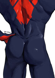 Rule 34 | 1boy, absurdres, ass, ass focus, bara, blue bodysuit, bodysuit, close-up, feet out of frame, hand on own hip, highres, male focus, marvel, muscular, muscular male, otherrb2, red bodysuit, solo, spider-man: across the spider-verse, spider-man (2099), spider-man (series), spider-verse, thighs, two-tone bodysuit, white background