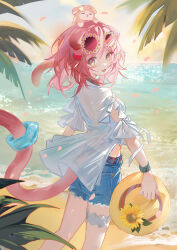 Rule 34 | 1girl, :d, absurdres, animal, animal ears, animal on head, arknights, arm cutout, beach, cat, cat ears, cat girl, cat on head, cat tail, closed eyes, commentary request, denim, denim shorts, eyewear on head, falling petals, feet out of frame, floppy ears, food, food-themed hair ornament, fruit, goldenglow (arknights), goldenglow (summer flowers) (arknights), hair ornament, hat, highres, holding, holding clothes, holding hat, infection monitor (arknights), juweibingbang, looking at viewer, looking back, medium hair, melon, melon hair ornament, melon slice, ocean, official alternate costume, on head, open mouth, outdoors, palm tree, petals, pink cat, pink eyes, pink hair, scottish fold, shirt, short sleeves, shorts, smile, solo, sunglasses, tail, tree, unworn hat, unworn headwear, water, white shirt, yellow hat