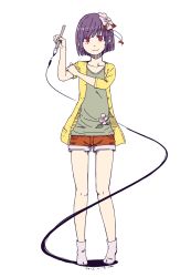 Rule 34 | 1girl, adapted costume, alternate costume, brush, collarbone, contemporary, female focus, flower, hair ornament, hieda no akyuu, highres, kawashina (momen silicon), purple hair, red eyes, short hair, short sleeves, shorts, solo, touhou, white background