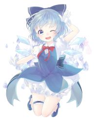 Rule 34 | 1girl, ;d, absurdres, arm up, back bow, bloomers, blue bow, blue dress, blue eyes, blue footwear, blue hair, blue ribbon, blush, bow, bowtie, breasts, bridal garter, buttons, cirno, collaboration, collared shirt, dress, earrings, eyebrows, frilled gloves, frilled skirt, frilled sleeves, frills, full body, gloves, hair bow, hair ribbon, high heels, highres, ice, ice wings, jewelry, knees together feet apart, looking at viewer, mei (mei19132), one eye closed, open mouth, outstretched arm, paragasu (parags112), puffy short sleeves, puffy sleeves, red bow, red bowtie, red ribbon, ribbon, salute, shirt, shoes, short hair, short sleeves, sidelocks, simple background, skirt, sleeveless, sleeveless dress, small breasts, smile, solo, sparkle, stud earrings, teeth, thigh gap, touhou, underwear, water drop, white background, white gloves, white shirt, wings, wink