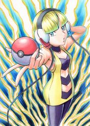Rule 34 | 1girl, absurdres, bare arms, black choker, blonde hair, blue eyes, blunt bangs, choker, collarbone, commentary request, creatures (company), elesa (pokemon), eyelashes, game freak, headphones, highres, holding, holding poke ball, nail polish, nintendo, oka mochi, outstretched arm, pantyhose, parted lips, pink nails, poke ball, poke ball (basic), pokemon, pokemon bw, short hair, sleeveless, solo, w