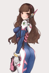 Rule 34 | 1girl, animification, ass, blue bodysuit, bodysuit, breasts, brown eyes, brown hair, cropped legs, d.va (overwatch), from side, grey background, gun, handgun, headphones, highres, holding, holding gun, holding weapon, jin (sn1499sl), long hair, looking at viewer, medium breasts, overwatch, overwatch 1, parted lips, pilot suit, pistol, solo, weapon