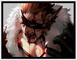 Rule 34 | 1boy, blood, blood from mouth, blood on face, brown hair, chest tattoo, close-up, eyepatch, fur-trimmed jacket, fur trim, gloves, hair slicked back, highres, injury, jacket, long sideburns, male focus, mask, muscular, muscular male, nosebleed, one piece, pectoral cleavage, pectorals, short hair, sideburns, solo, spiked hair, tattoo, teeth, toned, toned male, x drake, yonekura naoyasu