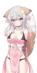 Rule 34 | 1girl, :3, absurdres, animal ears, annytf, arms behind back, bare shoulders, black panties, breasts, cleavage, closed mouth, clothing cutout, covered navel, cowboy shot, detached collar, detached sleeves, dress, fox ears, fox girl, fox tail, gradient hair, highres, indie virtual youtuber, long hair, long sleeves, looking at viewer, medium breasts, multi-strapped panties, multicolored hair, panties, pelvic curtain, pink dress, pink hair, pmasterm, purple eyes, revealing clothes, see-through, see-through sleeves, short dress, side cutout, simple background, sleeveless, sleeveless dress, smile, solo, spaghetti strap, standing, star (symbol), streaked hair, string panties, tail, thighs, two side up, underwear, virtual youtuber, white background, white hair