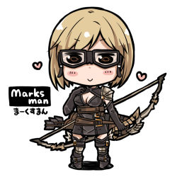 Rule 34 | &gt;:), 10s, 1girl, belt, black dress, black footwear, black gloves, black thighhighs, blonde hair, blush stickers, boots, bow (weapon), breasts, brown eyes, chibi, cleavage, djeeta (granblue fantasy), dress, elbow gloves, es (eisis), gloves, goggles, granblue fantasy, heart, holding, holding weapon, marksman (granblue fantasy), short dress, short hair, shoulder pads, simple background, smile, solo, thigh boots, thighhighs, v-shaped eyebrows, weapon, white background, zettai ryouiki