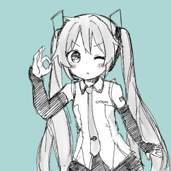 Rule 34 | 1girl, arm at side, blue background, blush, collared shirt, cowboy shot, detached sleeves, dot nose, greyscale with colored background, hair ornament, hand up, hatsune miku, lamazep, long hair, long sleeves, necktie, number tattoo, ok sign, one eye closed, parted lips, shirt, shoulder tattoo, sidelocks, simple background, skirt, sleeveless, sleeveless shirt, solo, standing, tareme, tattoo, twintails, v-shaped eyebrows, very long hair, vocaloid