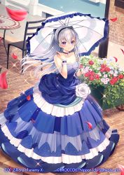 Rule 34 | 1girl, bare shoulders, black hairband, blue choker, blue dress, blush, breasts, chain, choker, collarbone, commentary request, copyright name, copyright notice, day, dress, floating hair, flower, frilled umbrella, frills, hair between eyes, hairband, holding, holding umbrella, long hair, momoshiki tsubaki, official art, outdoors, parted lips, petals, pleated dress, purple eyes, red flower, red rose, rose, silver hair, small breasts, smile, solo, standing, strapless, strapless dress, table, transparent, umbrella, very long hair, watermark, white flower, white rose, white umbrella, wrist cuffs, z/x