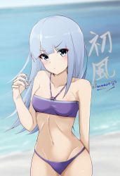 Rule 34 | 1girl, absurdres, beach, bikini, blue hair, blunt bangs, breasts, character name, commentary request, cowboy shot, green eyes, halterneck, hatsukaze (kancolle), highres, honma (honmatomohiro), kantai collection, looking at viewer, medium breasts, purple bikini, solo, swimsuit, twitter username, white hair