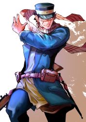 Rule 34 | 1boy, absurdres, black hat, blue coat, blue pants, coat, golden kamuy, grey shirt, gun, hat, highres, holding, holding gun, holding weapon, looking at viewer, male focus, manly, open clothes, open coat, pants, peaked cap, plaid, plaid scarf, rifle, scar, scar on face, scar on mouth, scarf, shirt, smile, solo, sugimoto saichi, user chga8282, weapon, yellow eyes, yellow hat