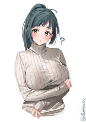 Rule 34 | 1girl, ?, blush, bra visible through clothes, braid, breasts, cropped torso, ebifurya, green eyes, green hair, high ponytail, highres, irako (kancolle), kantai collection, large breasts, long hair, long sleeves, looking at viewer, one-hour drawing challenge, open mouth, see-through, sidelocks, simple background, sleeves past wrists, smile, solo, sweater, turtleneck, turtleneck sweater, twitter username, upper body, white background