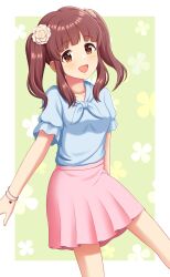 Rule 34 | 1girl, absurdres, bracelet, brown hair, contamination (contami0813), floral background, flower, hair flower, hair ornament, highres, idolmaster, idolmaster cinderella girls, idolmaster cinderella girls starlight stage, jewelry, miniskirt, ogata chieri, pink skirt, skirt, twintails