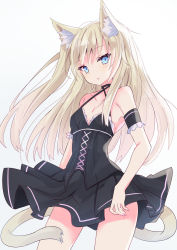 Rule 34 | 1girl, animal ear fluff, animal ears, bare shoulders, black dress, blonde hair, blue eyes, blush, breasts, cat ears, cat girl, cat tail, commentary request, criss-cross halter, detached sleeves, dress, halterneck, highres, hizaka, long hair, one side up, original, parted lips, pleated dress, simple background, small breasts, solo, standing, tail, very long hair, white background